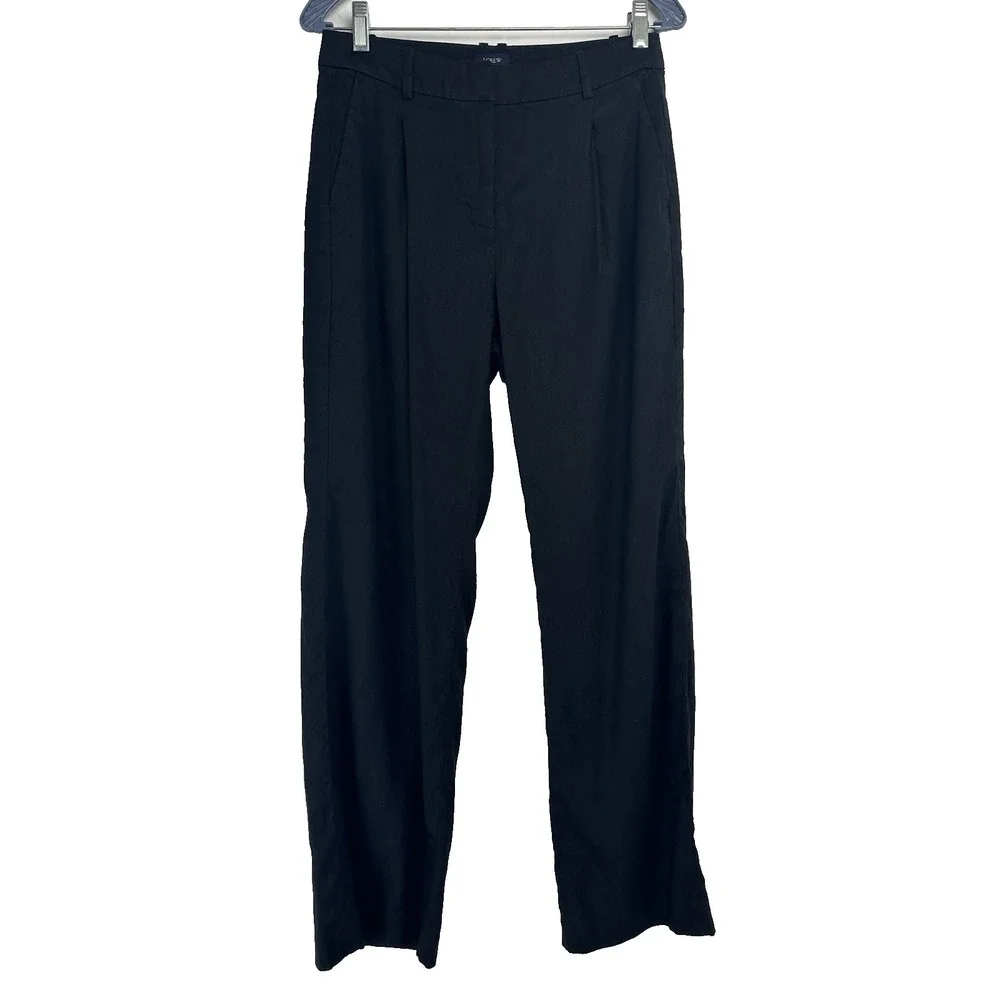 J Crew Women's Linen Blend Pants Size 2 Black Pleated Trouser Old Money Coastal